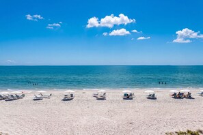 A beach with rows of sun loungers and umbrellas, a clear blue sky, and the ocean in the background.