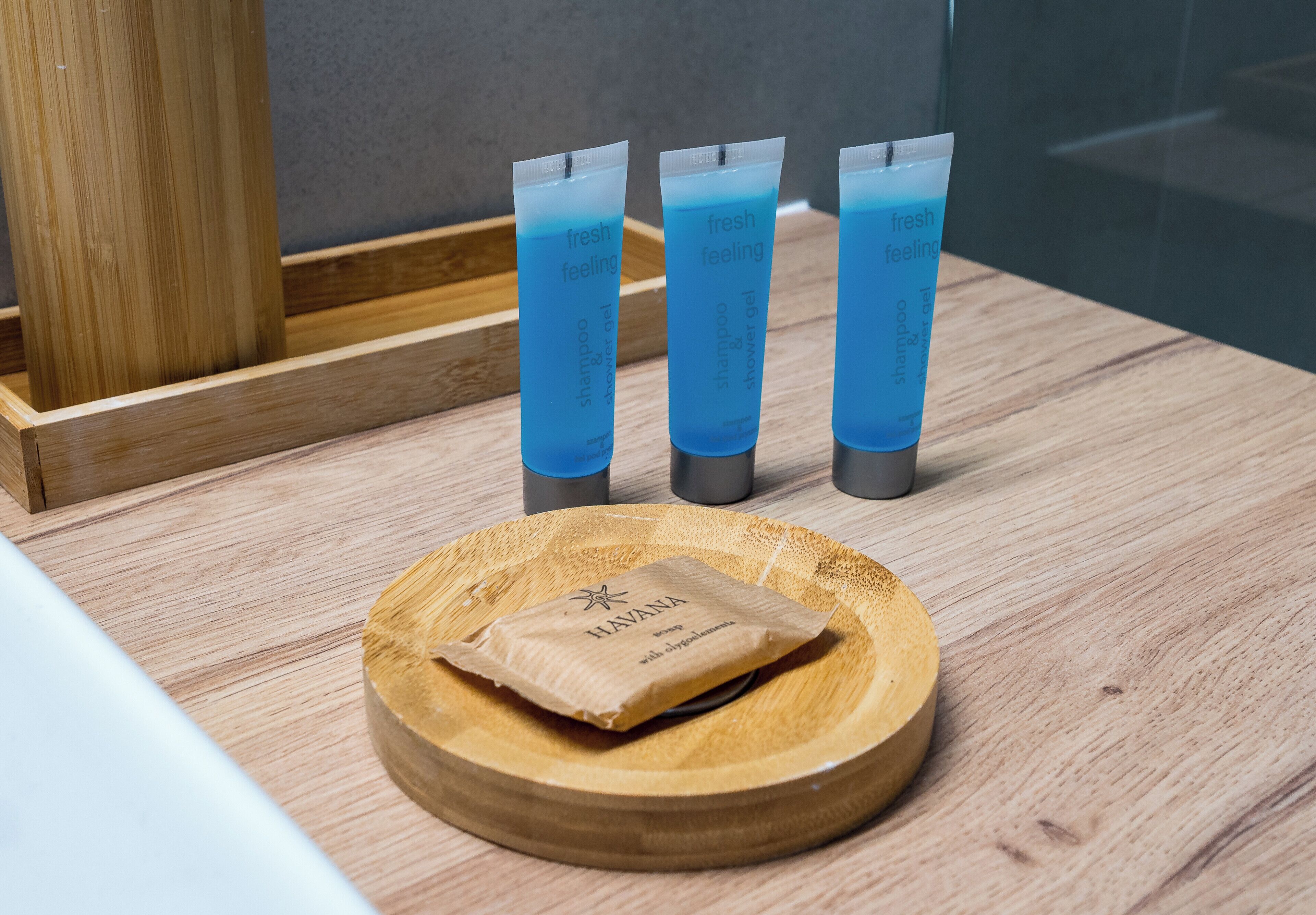Three toiletries on a wooden tray with a paper bag labeled "HAVANA".