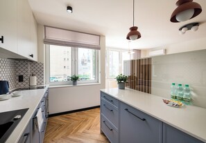 Een koelkast, een magnetron, een kookplaat, een vaatwasser