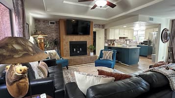 Smart TV, fireplace, books