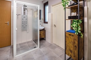 Shower, hair dryer, towels