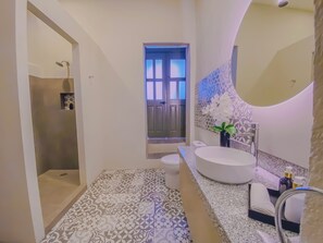 A bathroom with a walk-in shower, a toilet, a sink with a large mirror, and patterned floor tiles. - Cozy 1-bedroom suite in amazing Puebla with King size bed, WiFi and bathtub (Heroica Puebla de Zaragoza)