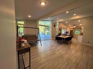 Smart TV, fireplace, foosball, computer monitors