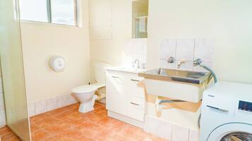 Shower, towels, soap, toilet paper