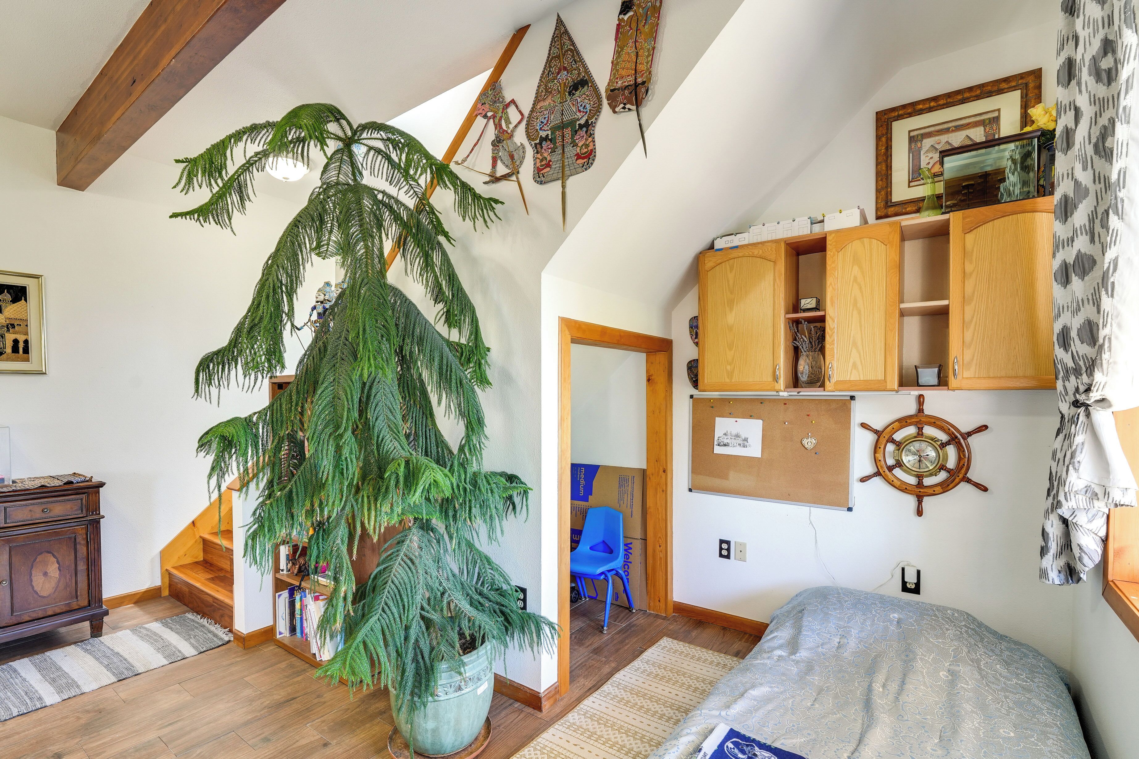 Une pièce comprenant une grande plante de fougère, des meubles en bois, un lit et un gouvernail de bateau fixé au mur.