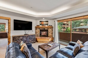 Smart TV, chimenea, libros