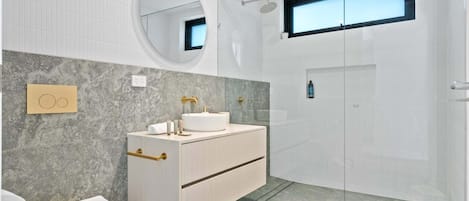 Shower, hair dryer, towels