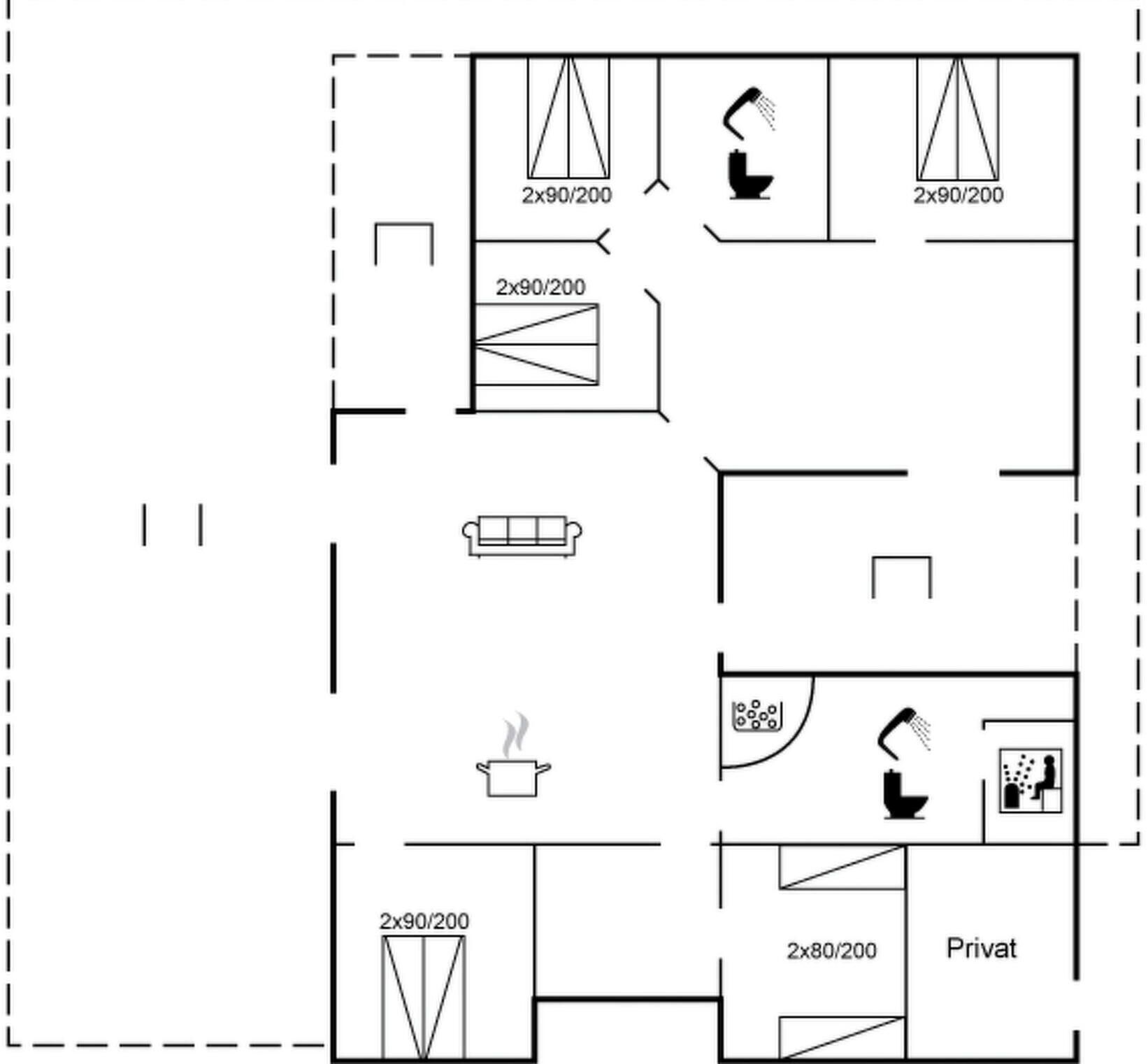 A floor plan with a kitchenette, a private bathroom, and a living area.