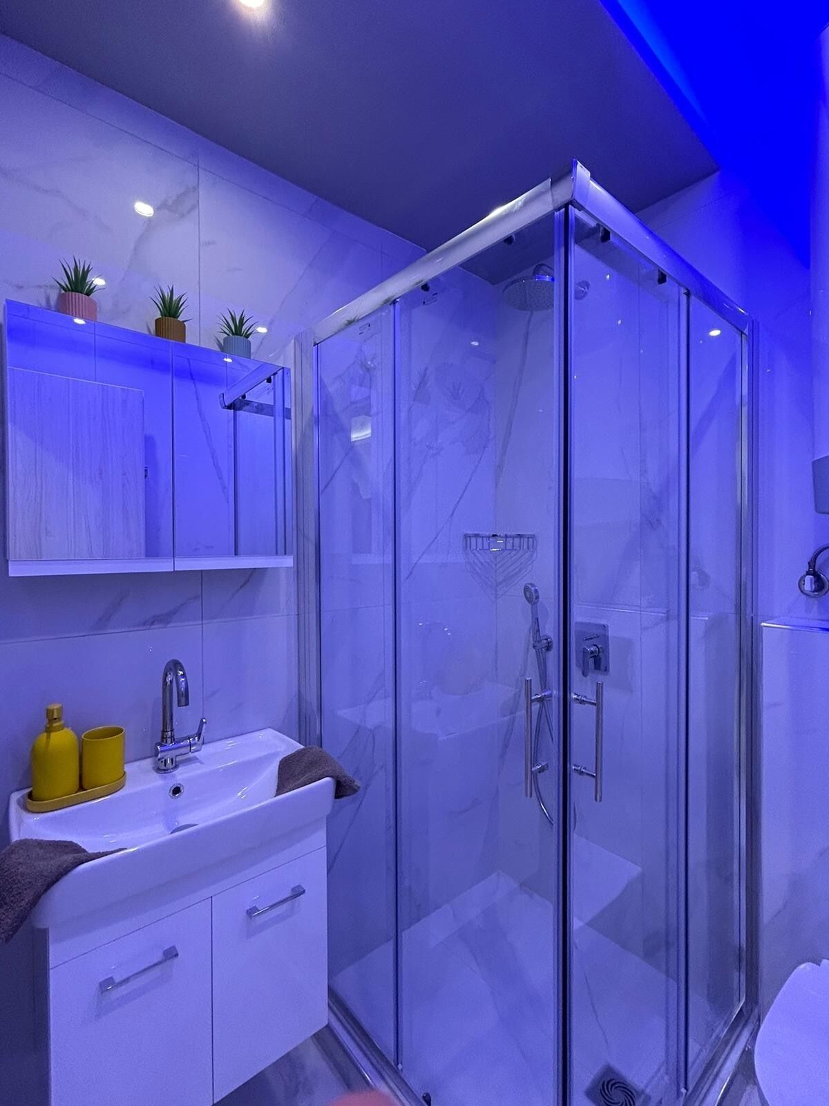 Een douche, een haardroger, handdoeken, toiletpapier