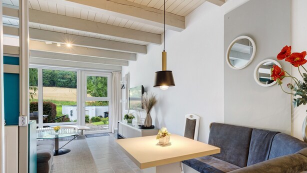 Una sala de estar moderna con un sofá, una mesa y una lámpara colgante.