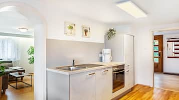 Een koelkast, een oven, een kookplaat, een vaatwasser