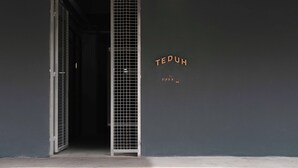 Ein Eingang mit einem Metallgitter, einer dunklen Wand und dem Schriftzug "TEDUH by FARK 5" an der Wand.
