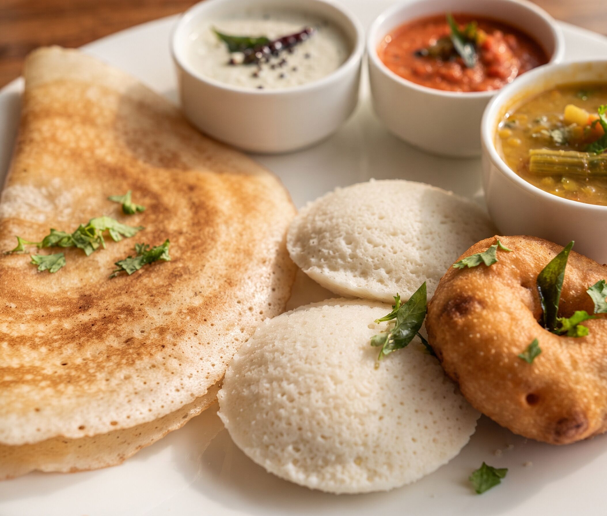 A plate with a variety of South Indian dishes including a dosa, idli, and sambar.