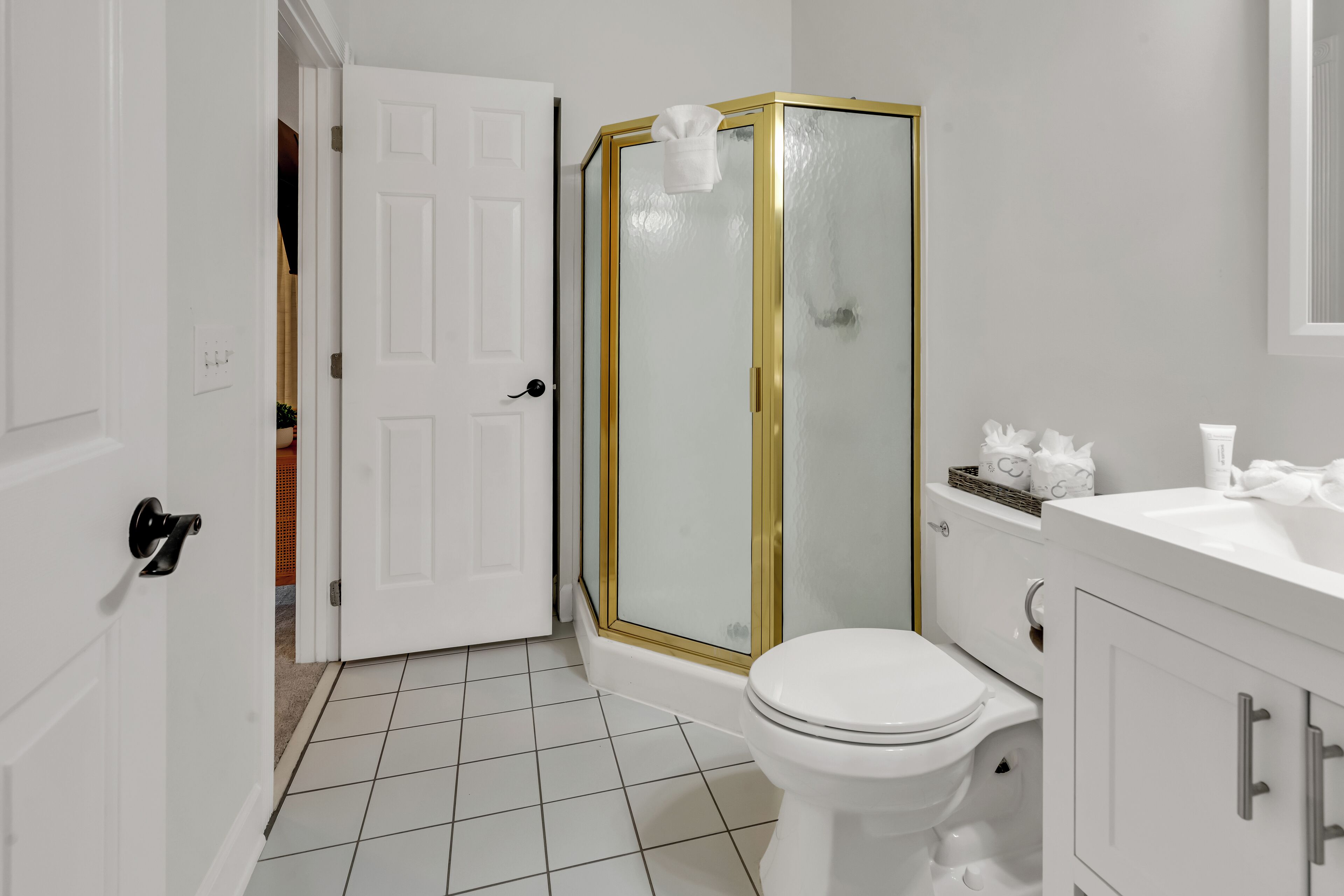 Ein Badezimmer mit Toilette in Weiß, einer Duschkabine aus Glas mit goldener Verzierung und einem weißen Waschbecken mit Toilettenartikeln.