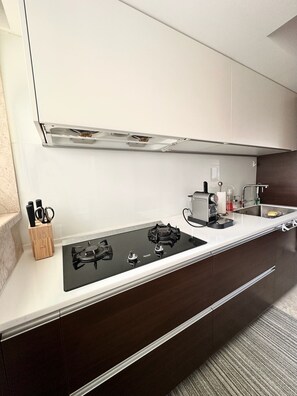 Fridge, microwave, stovetop, electric kettle