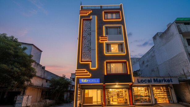 A modern building with a sign for 'Local Market' and 'fob hotels'. - Fabhotel Ishtara Auberge (New Delhi)