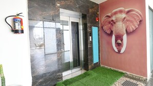 A hallway with a fire extinguisher, a glass elevator door, and a large elephant mural on the wall.