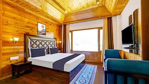 A wooden-paneled room with a bed, a TV, and a window.