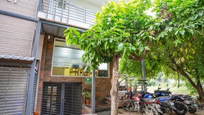 Un edificio con una persiana cerrada, una escalera y un árbol de hojas verdes.
