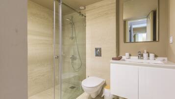 Shower, hair dryer, towels, soap