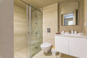 Shower, hair dryer, towels, soap