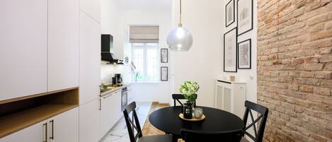 Classic Apartment | Private kitchen | Fridge, microwave, oven, stovetop