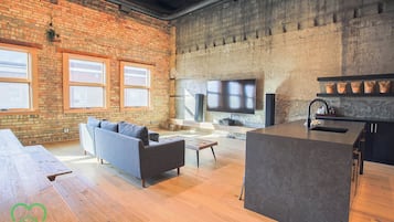 Smart TV, fireplace, video games, DVD player