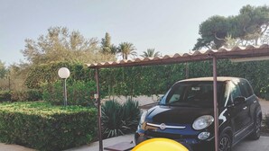 Une voiture noire est garée sous une pergola, dans un espace aménagé avec de la verdure et sous un ciel dégagé.