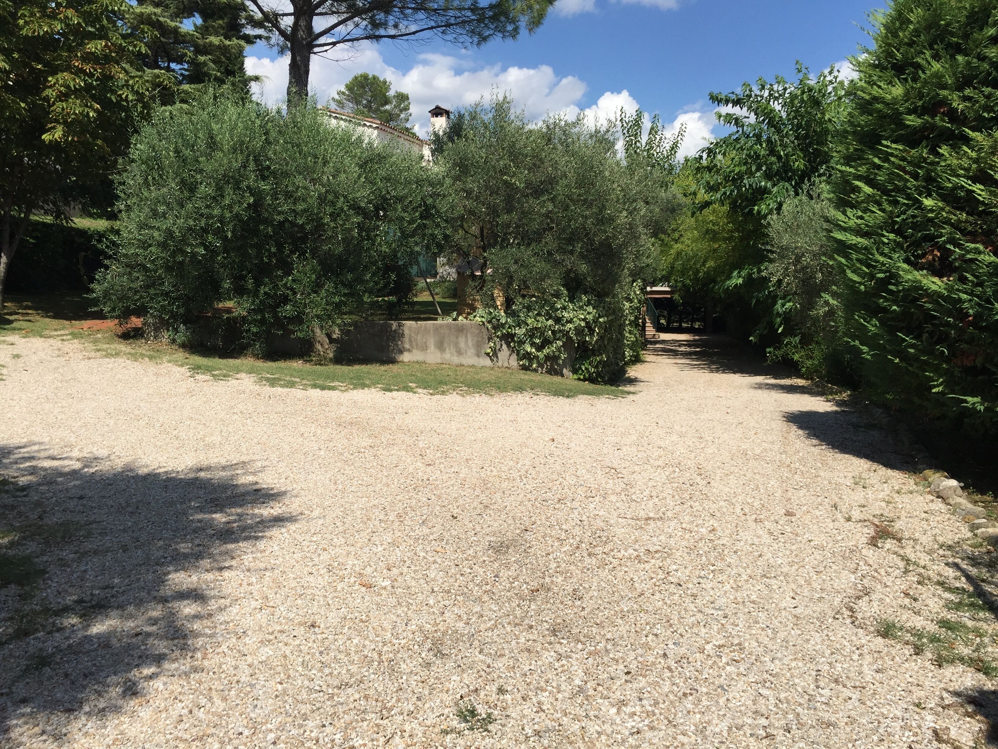 Un sendero de grava serpentea por un jardín con arbustos y árboles frondosos.
