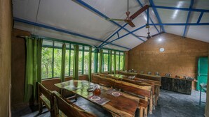 Ein rustikaler Essbereich mit Holztischen und -bänken, großen Fenstern mit grünen Vorhängen, einer Küchenarbeitsplatte und einem Deckenventilator.