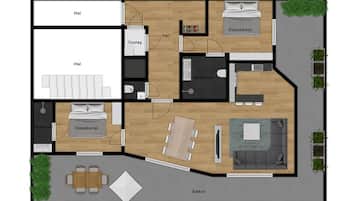 A hotel layout with multiple bedrooms, a balcony, a dining area, and a bathroom.