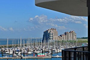 A marina with numerous boats docked, a large building with multiple balconies, and a clear sky.
