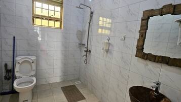 Une salle de bain avec des toilettes, une douche et un lavabo.