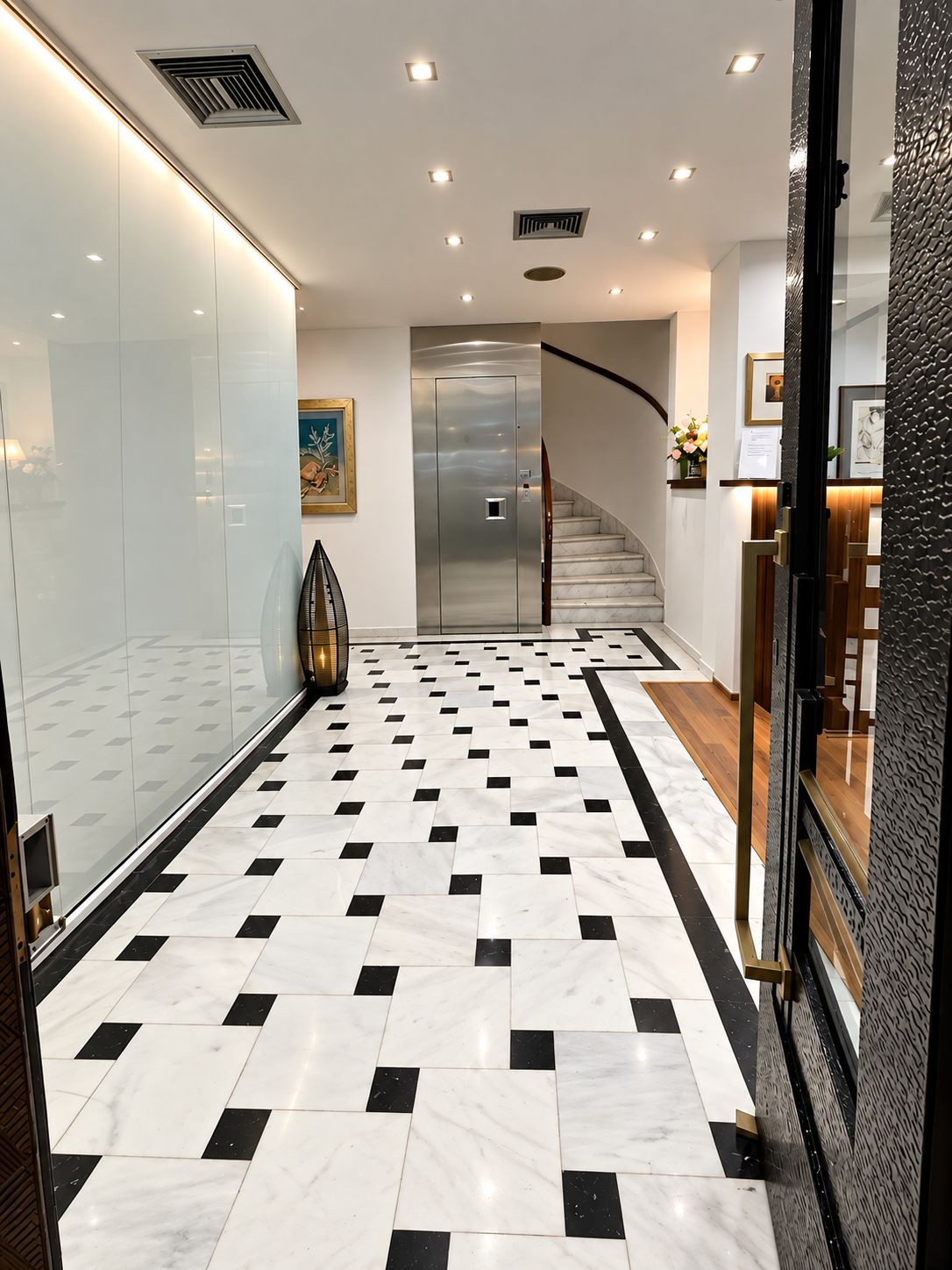 A hotel lobby with a checkered floor, a staircase, and a reception desk.