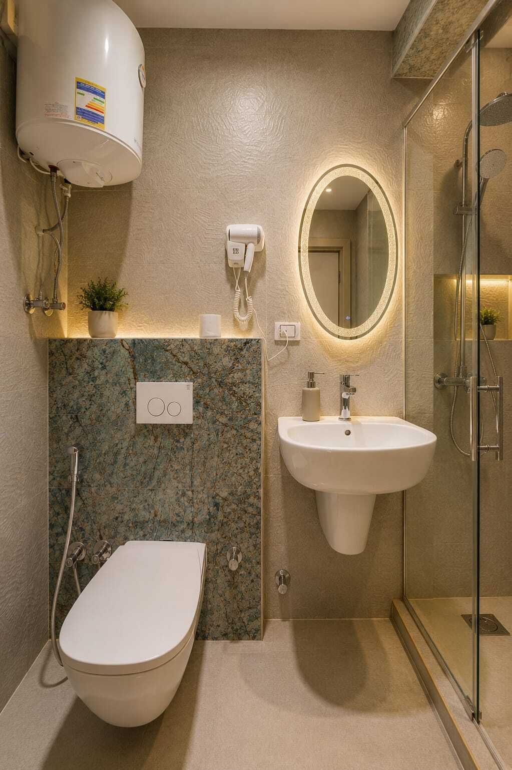 A bathroom with a toilet, sink, shower, and a hairdryer mounted on the wall.