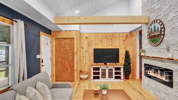 Una televisión, una chimenea