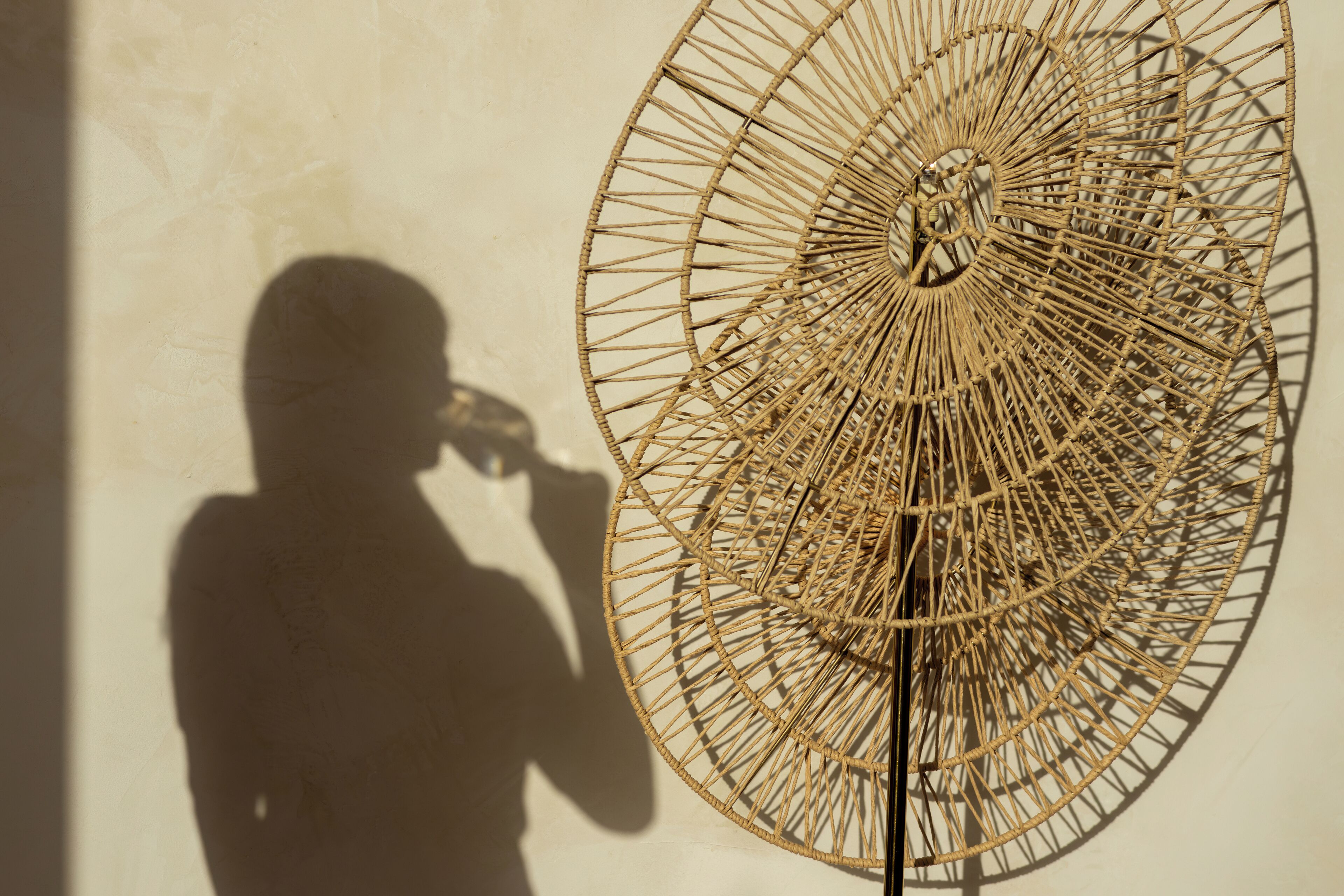 A shadow of a person on a wall with a circular, woven structure.