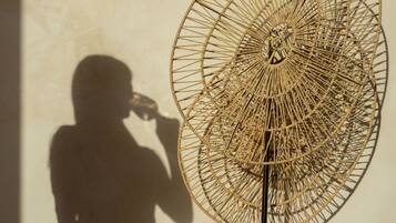 La sombra de una persona sobre una pared, con una estructura circular tejida.