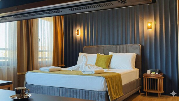 Ein Hotelzimmer mit einem großen Bett, einem Nachttisch mit Fernbedienung und einem Fenster mit Vorhängen.