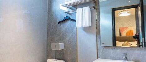 A modern bathroom with a toilet, sink, and mirror.
