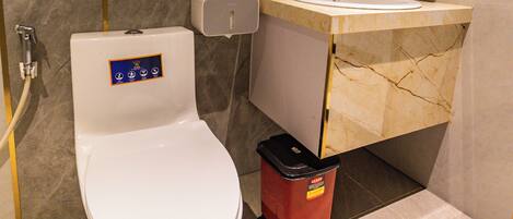 A modern bathroom with a toilet, sink, and mirror.