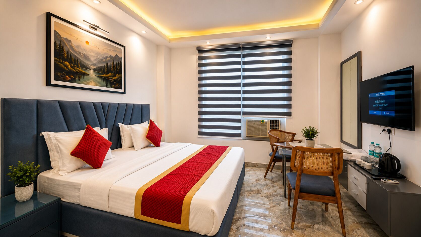 A hotel room with a bed, a desk, a chair, a television, and a window with blinds.