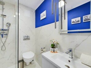 Shower, hair dryer, towels, shampoo
