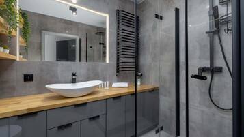 Shower, hair dryer, towels, shampoo