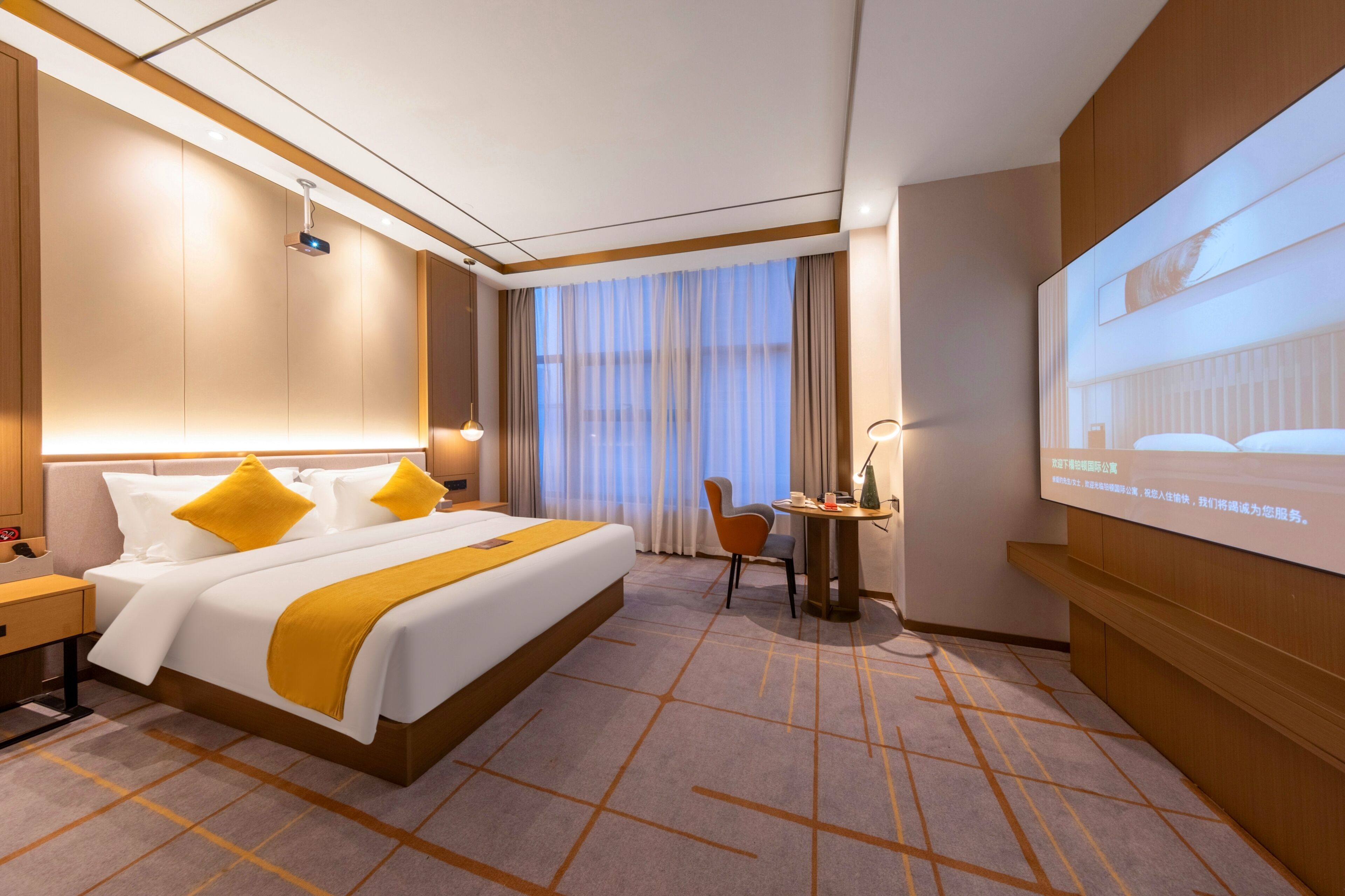 Habitaci ón de hotel con una cama grande, un escritorio y un televisor.