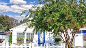 A white house with a blue door, surrounded by a white picket fence, and a tree in front.