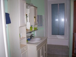 Hair dryer, towels, soap, shampoo