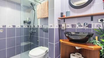 Hair dryer, towels, soap, shampoo