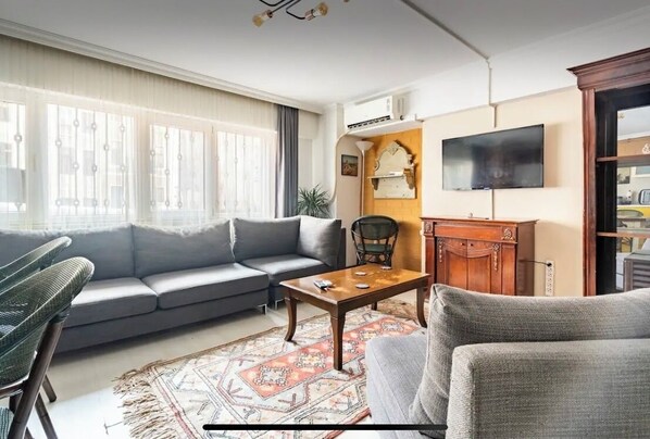 A living room with a grey sofa, a wooden coffee table, and a patterned rug.