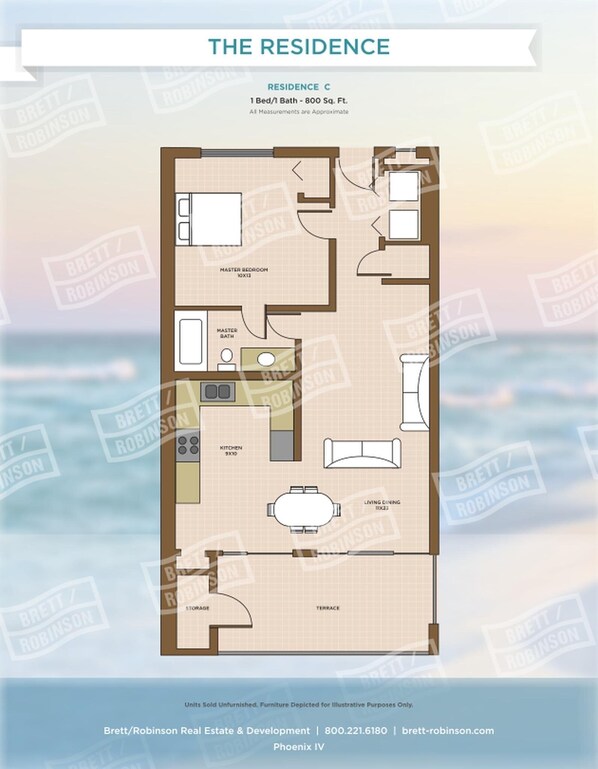 A floor plan of a residence with 1 bed per bathroom, 800 sq. ft., including a master bedroom, master bathroom, kitchen, living dining area, terrace, and storage. - Phoenix Iv 4072 1 Bedroom Condo (Orange Beach)